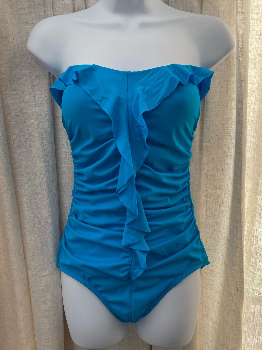 Bright Blue Ruffled One-Piece Swimsuit - Strapless/Ruched Design